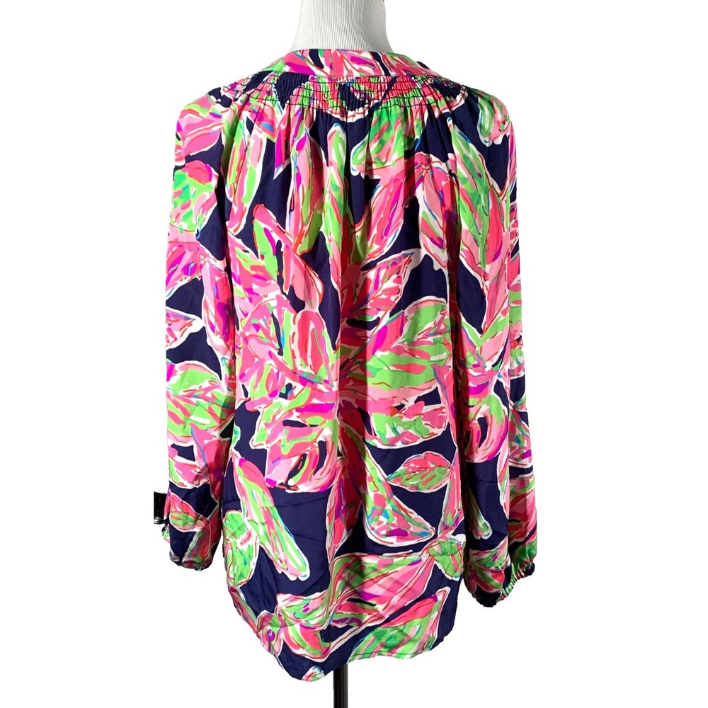 Lilly Pulitzer Elsa Silk Top Blouse In The Vias Pink Lime Green Navy Print M - Picture 3 of 7